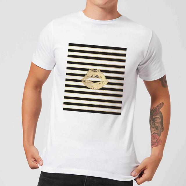 Lipstick Kiss Mark Striped Background Men's T-Shirt - White - L on Productcaster.