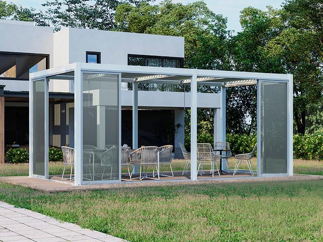 Gazebo pergola bioclimatico San Pablo Alu+ con porte scorrevoli, 4x5,8m, Bianco - Dancover on Productcaster.