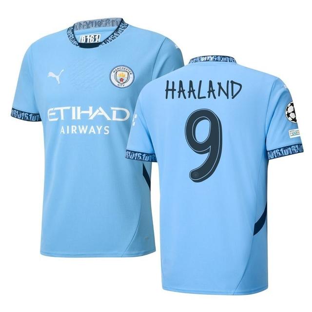 Manchester City Home Shirt 2024/25 HAALAND 9 + Champions League & UEFA Foundation Sleeve Patch - PUMA, size Small on Productcaster.