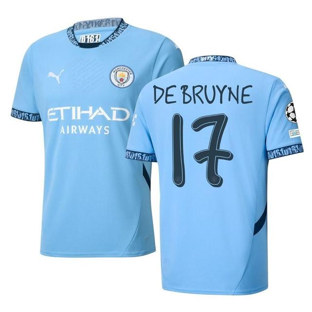 Manchester City Home Shirt 2024/25 DE BRUYNE 17 + Champions League & UEFA Foundation Sleeve Patch - PUMA, size Large on Productcaster.