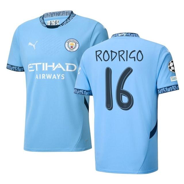 Manchester City Home Shirt 2024/25 RODRIGO 16 + Champions League & UEFA Foundation Sleeve Patch - PUMA, size X-Small on Productcaster.