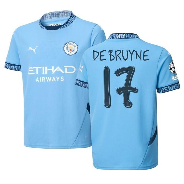 Manchester City Home Shirt 2024/25 DE BRUYNE 17 + Champions League & UEFA Foundation Sleeve Patch Kids - PUMA, size 116 cm on Productcaster.