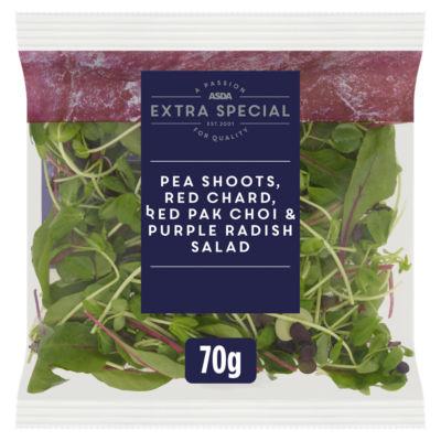 ASDA Extra Special Pea Shoots, Red Chard, Red Pak Choi & Purple Radish Salad on Productcaster.