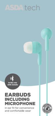 ASDA Tech Wired Earbuds with Mic - Mint on Productcaster.