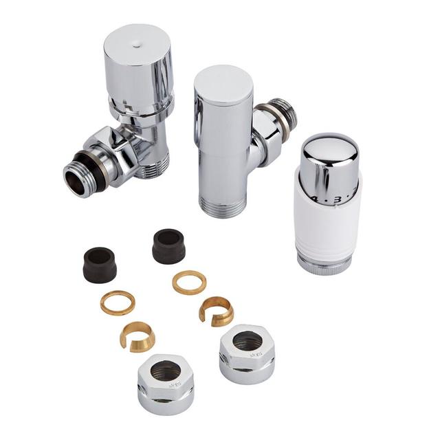 Milano Chrome 3/4'' Male Thread Valve with White TRV & 15mm Copper Adapters - Thermostatic Radiator Valve on Productcaster.