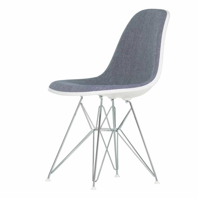 Eames Plastic Side Chair RE DSR Vollpolster Stuhl, Sitzschale RE senf re, Stoff Hopsak F60 meerblau/dunkelgrau, Keder weiss, Drahtuntergestell glan... on Productcaster.