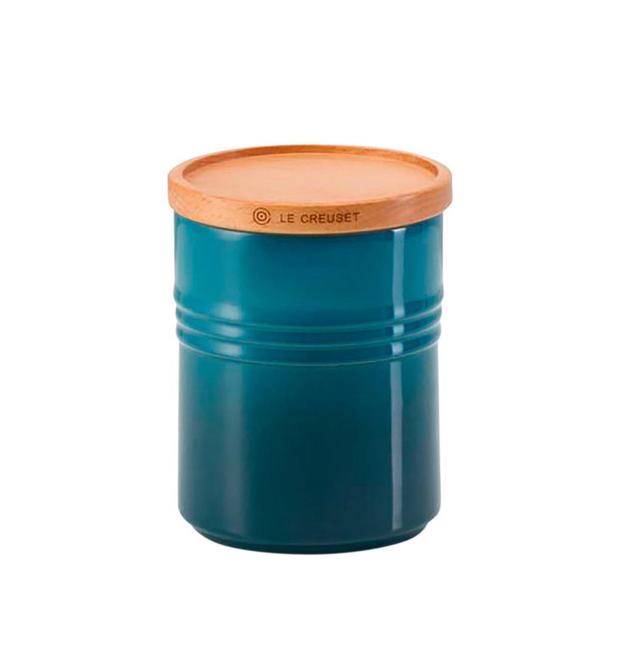 Le Creuset Stoneware Medium Storage Jar with Wooden Lid Deep Teal on Productcaster.