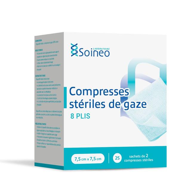 Compresses stériles de gaze 8 plis 7,5x7,5cm x25 sachets de 2 Soineo - Produit Bio - Certifié Cosmébio - Easypara on Productcaster.