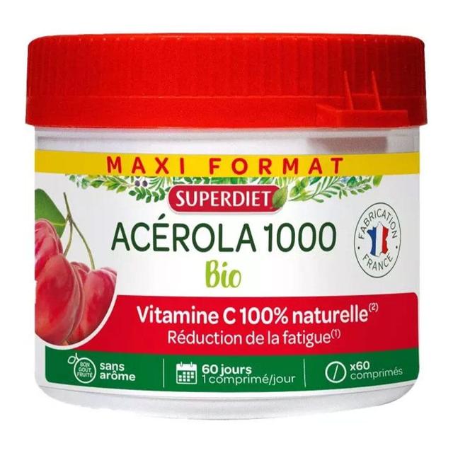 Superdiet Acerola 1000 Bio Vitamine C Naturelle 60 Comprimés à Croquer - Fabriqué en France - Easypara on Productcaster.