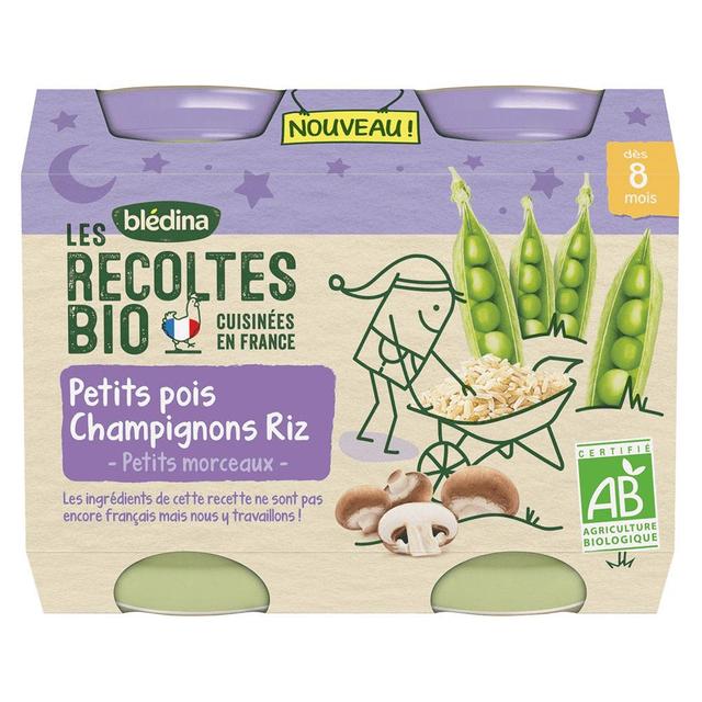 Blédina Les Recoltes Organic Baby Notte Petit Pois Champignons Riz Bio 2x200g Da 8 mesi Bledina - Easypara on Productcaster.