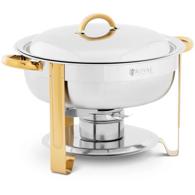 Chafing Dish - rotund - accente aurii - 4.5 L - {{număr_de_celule_de_combustibil_de_căldură_643}}} cu mâner - Picioare pliabile - Royal Catering on Productcaster.