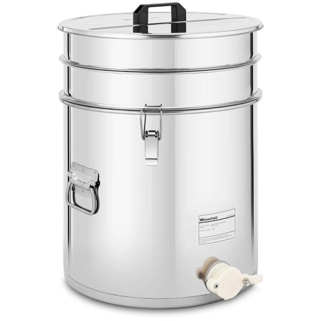 Rezervor de miere - 40 L - cu sită, capac și robinet de stoarcere - oțel inoxidabil on Productcaster.