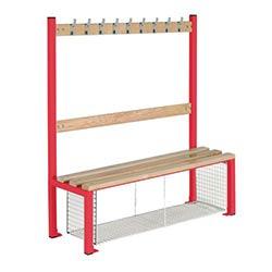 Single Sided Island Seating 1200 mm Length 9 Hooks Beech Wood Slats Mesh Shoe Tray Red Fra on Productcaster.