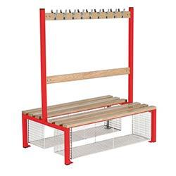 Double Sided Island Seating 1500 mm Length 24 Hooks Beech Wood Slats Mesh Shoe Tray Red Frame on Productcaster.