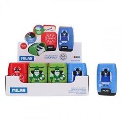 Milan Compact Viking Twin Hole Sharpener & Eraser - 4 Assorted - Dual Sharpener and Eraser for School Use on Productcaster.