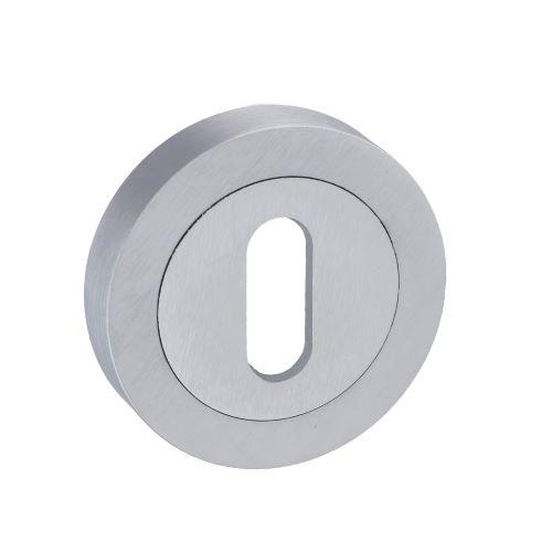 Atlantic Handles Forme Key Escutcheon on Contempo Round Rose in a Satin Chrome Finish on Productcaster.