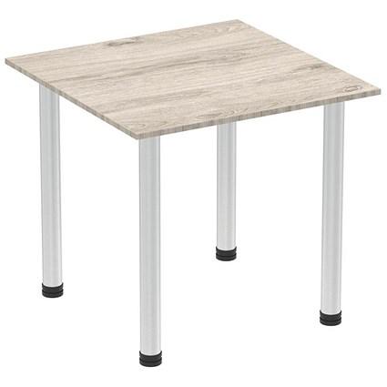 Impulse 800mm Square Table, Grey Oak, Brushed Aluminium Post Leg on Productcaster.