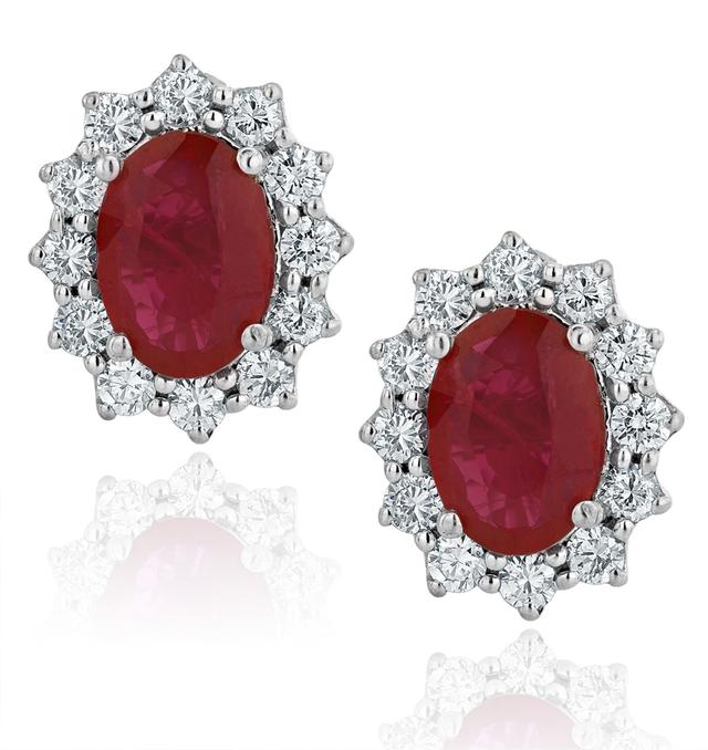 Ruby And Diamond Cluster Earrings 7 X 5mm In 18k White Gold on Productcaster.