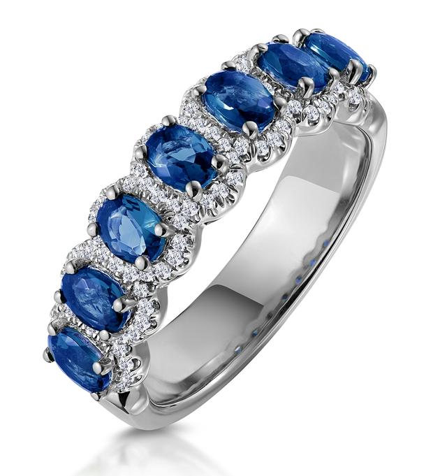 Sapphire And Diamond Halo Asteria Eternity Ring In 18kw Gold on Productcaster.