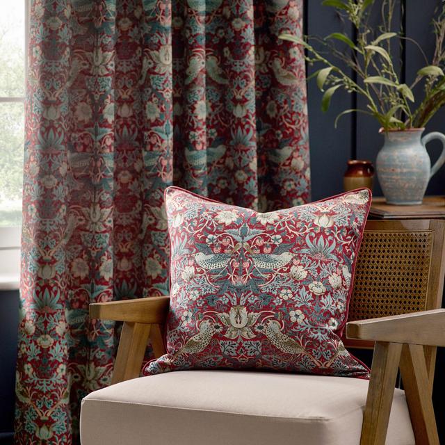 Strawberry Thief Down Blend Floral Square Throw Cushion Morris & Co Colour: Red on Productcaster.