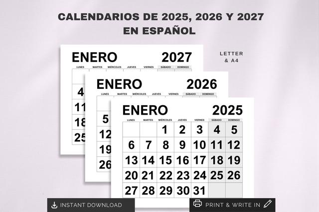 Calendarios 2025, 2026 y 2027 en Español | Printable 2025, 2026 & 2027 Spanish Calendars | Calendarios Español Imprimible on Productcaster.