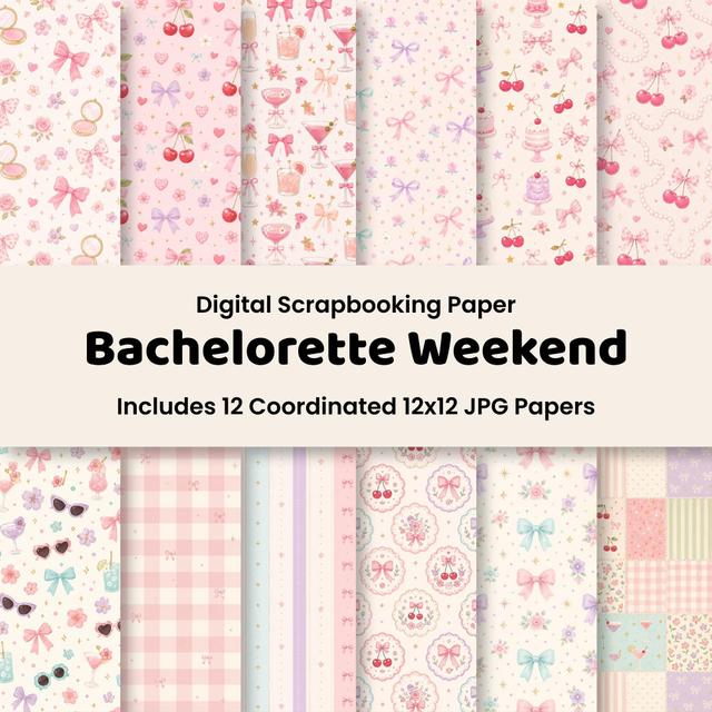 Digitales Scrapbook-Papier „Coquette Bachelorette", Junk-Journal-Muster für ein Mädelswochenende, druckbare 12x12-JPG-Hintergründe on Productcaster.