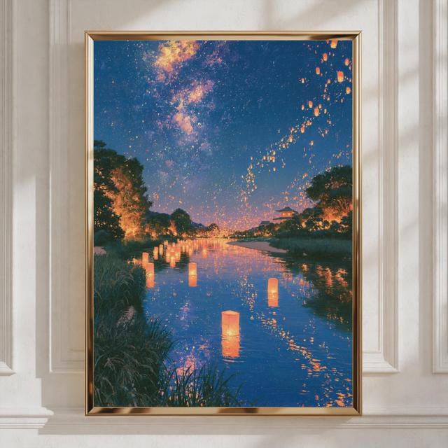 Poster zum Laternenfest mit Wasserspiegelung, Himmelslaternen-Nachtszene, asiatischer Kunstdruck on Productcaster.