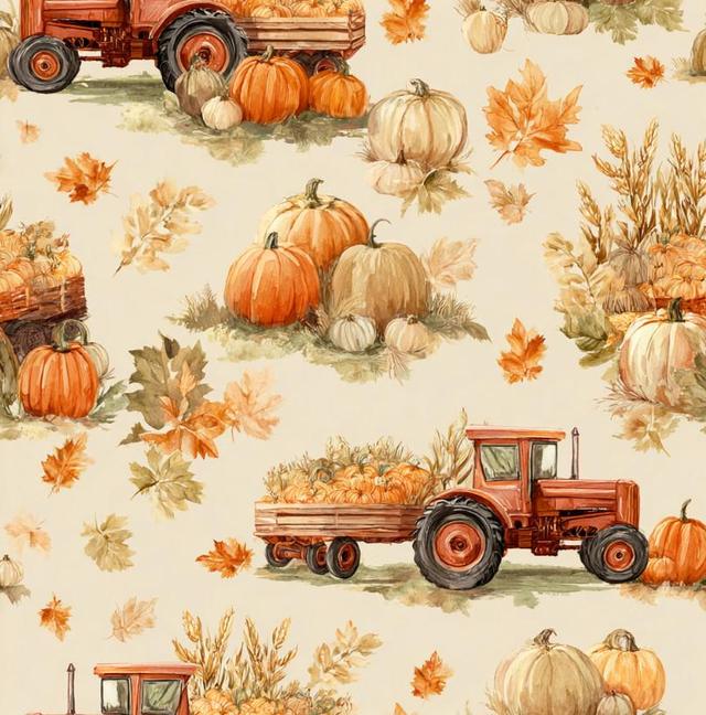 Fall Farm Tractor Fabric, Autumn Pumpkin Harvest Fabric, 1/2 Yard Minimum, 100% Cotton Fabric, Thanksgiving Seamless Fabric on Productcaster.