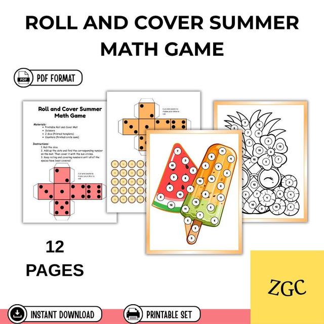 Kindergarten Sommer Mathe-Spiel, Zusatz-Würfel-Aktivität, Rolle und Cover druckbar (PDF) on Productcaster.