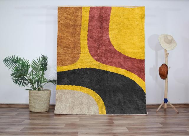 Authentiek Beni Ourain wollen tapijt - Berber handgemaakt Marokkaans tapijt in blauw, mosterdgeel, roestbruin - Pluche hoogwaardig tapijt voor gebruik on Productcaster.