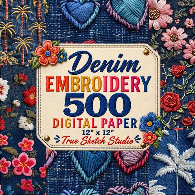 500 digitale Stickvorlagen für Denim, florale Stofftexturen, Scrapbook-Hintergründe, Junk-Journal-JPG-Bundle, 12x12-Muster on Productcaster.