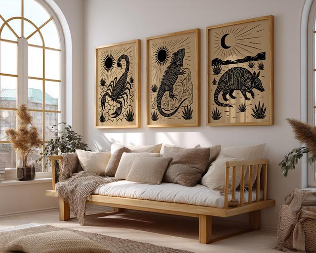 Linoldrucke Set von 3, Boho Neutrale druckbare Wandkunst, südwestliche Wüste, Instant Download on Productcaster.