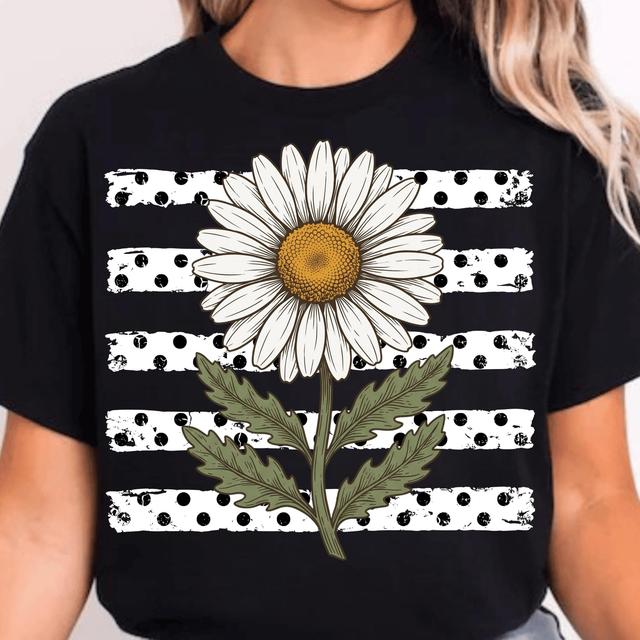 Retro-Gänseblümchenstreifen-Polka-Dots-PNG, Trendiges Herbst-Shirt-Design für Mütter, Vintage-Herbstblumengrafik, Boho-Wildblumen-Sublimation on Productcaster.