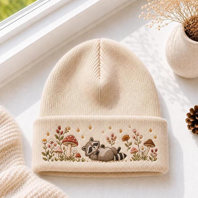 Bestickte Waschbärmütze, Strickmütze im Cottagecore-Stil mit Pilz- und Blumenmuster, Wintermütze mit Waldtiermotiv, Geschenk für Naturliebhaber on Productcaster.