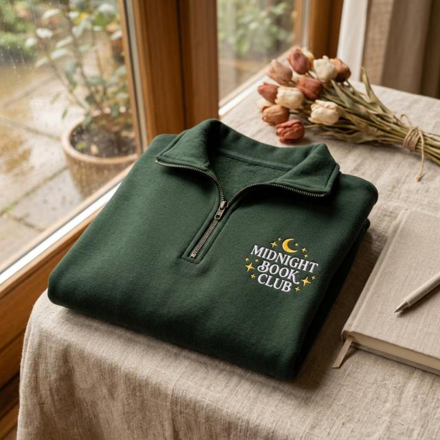 Midnight Book Club besticktes Sweatshirt mit Viertelreißverschluss, Bekleidung für lesebegeisterte Menschen on Productcaster.