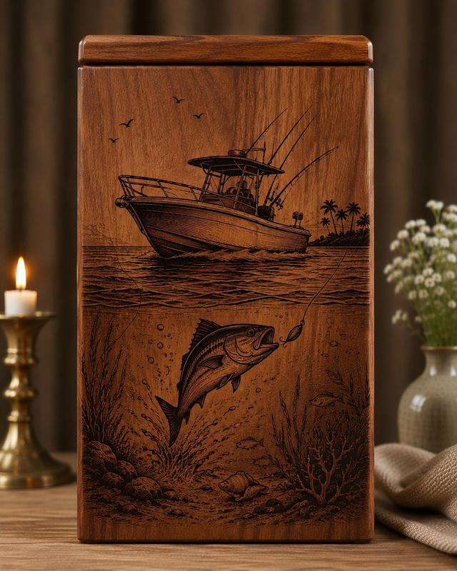 Gedenkurne aus Rosenholz für Angler - Gravur: Boot, Barsch, Meer (15 x 15 x 30 cm) on Productcaster.