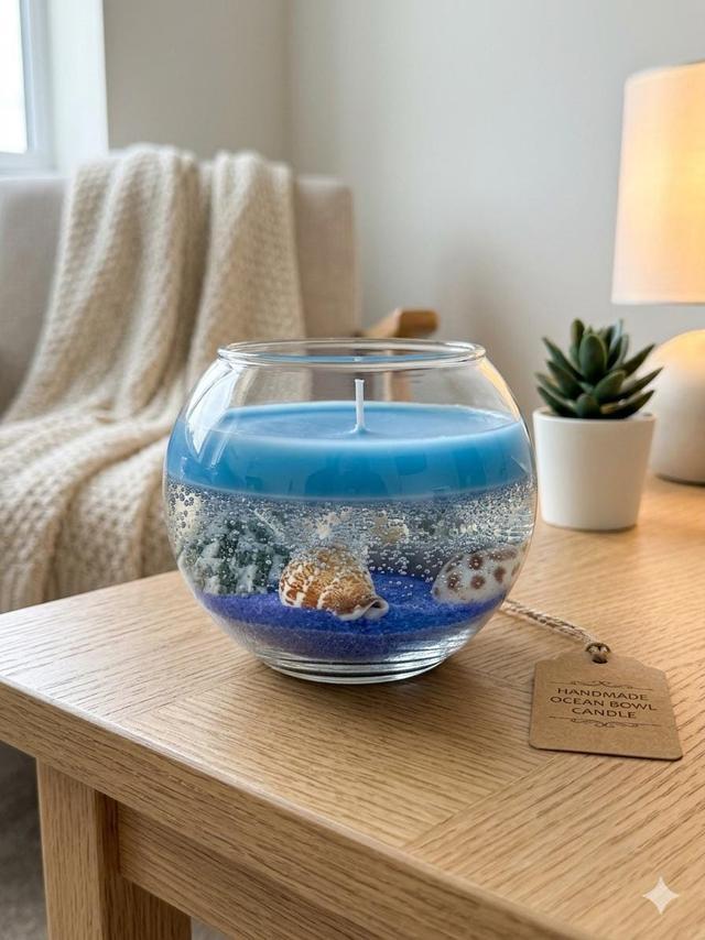Ocean Breeze Gel-Kerze mit Muscheln | Handgemachte Küsten Strand Kerze | Nautische Wohnkultur Geschenk | Blaue, vom Meer inspirierte Kerze on Productcaster.