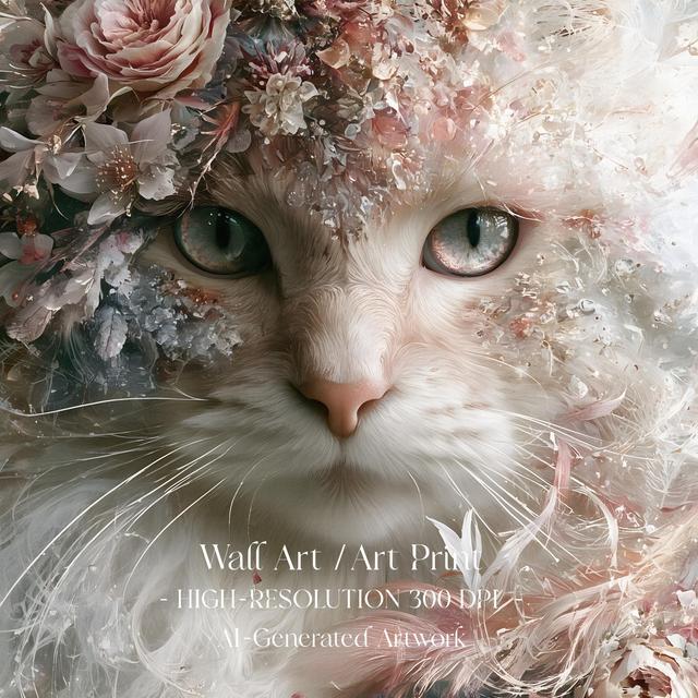 Kunstdruck „Kristallkatze" mit Juwelenbesatz, pastellfarbenen Blumen (Digitaler Download) on Productcaster.