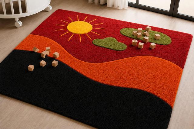 Handgefertigter, abstrakter, getufteter Teppich mit Sonnenlandschaft, Kinderzimmerteppich on Productcaster.