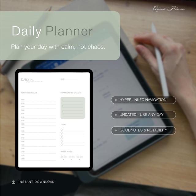 Minimalistischer, undatierter Tagesplaner | Stundenplan, Prioritäten (Digitaler Download) on Productcaster.