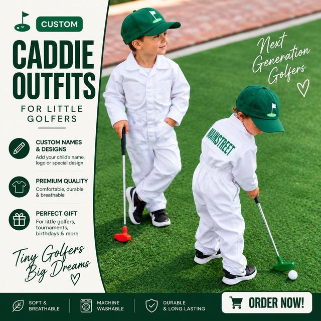 Personalisierter Golf-Caddie-Overall für Kinder | Baumwoll-Overall mit individuellem Namen und Nummer on Productcaster.