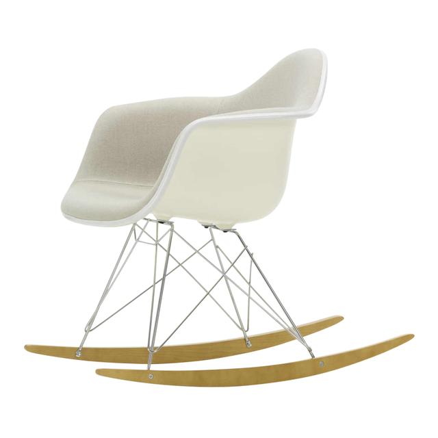 Eames Plastic Armchair RE RAR Vollpolster Schaukelstuhl, Sitzschale RE forest re, Stoff Hopsak F60 gelb/elfenbein, Keder weiss, Drahtuntergestell w... on Productcaster.